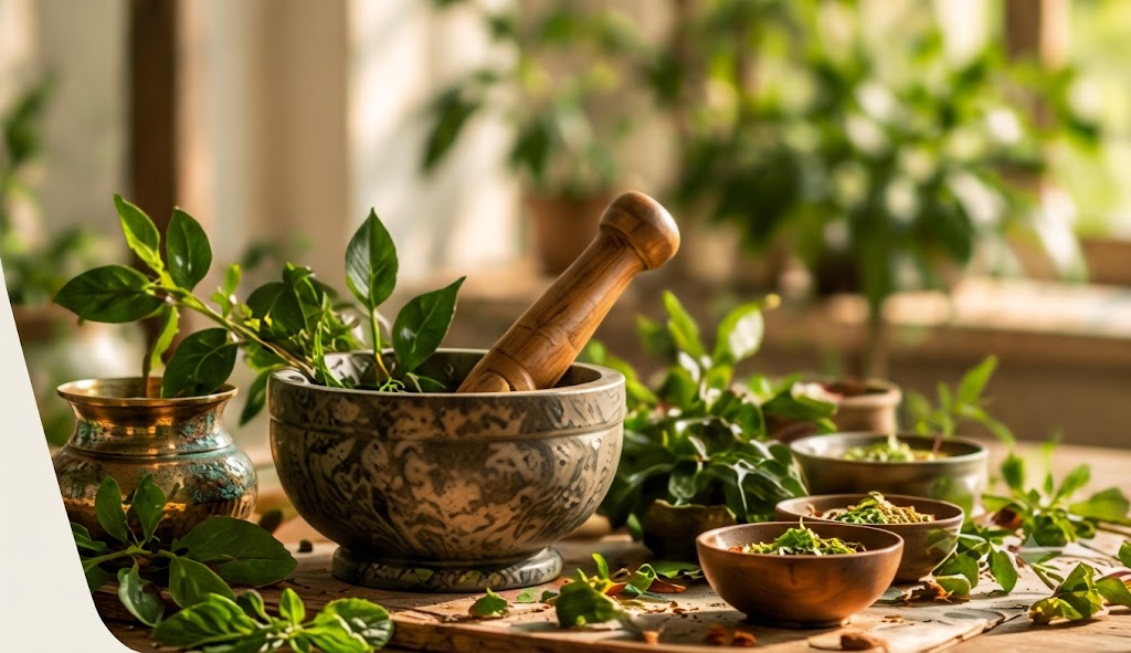 Traditional stone mortar and pestle surrounded by fresh Ayurvedic herbs