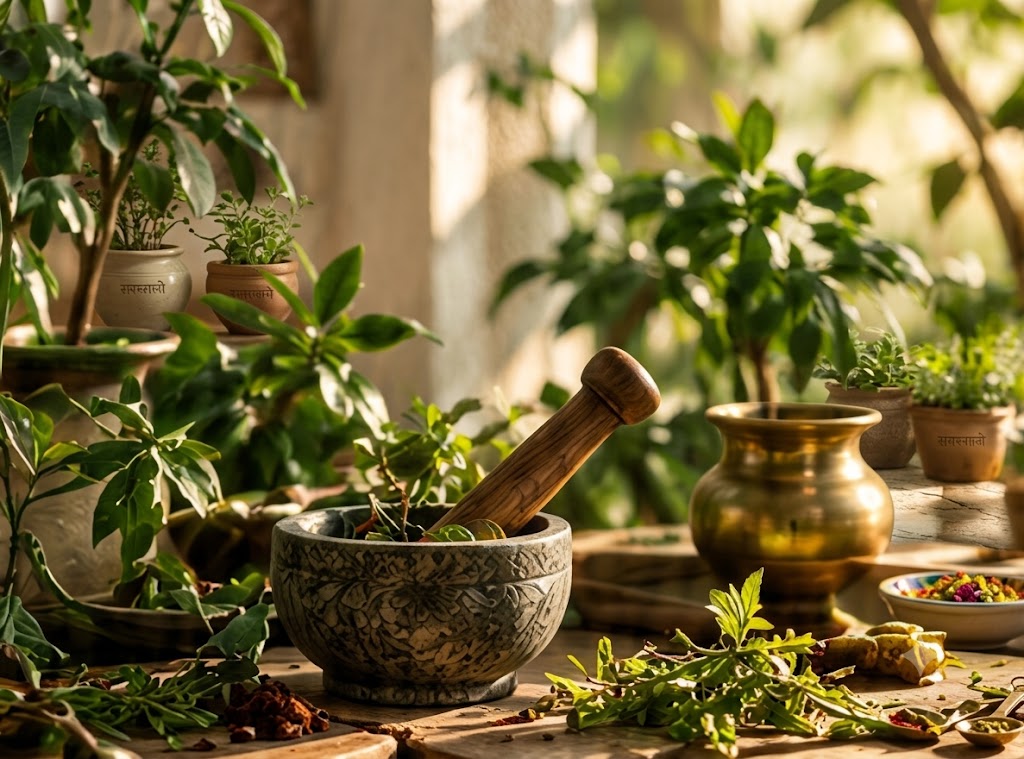 Ayurvedic herbs and mortar & pestle