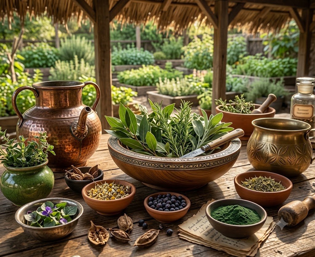 Traditional Ayurvedic bowls, herbs, and brass vessels arranged on a table