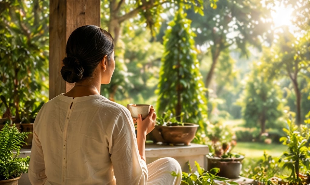 Woman sitting on a garden porch, holding a warm drink and looking out at greenery