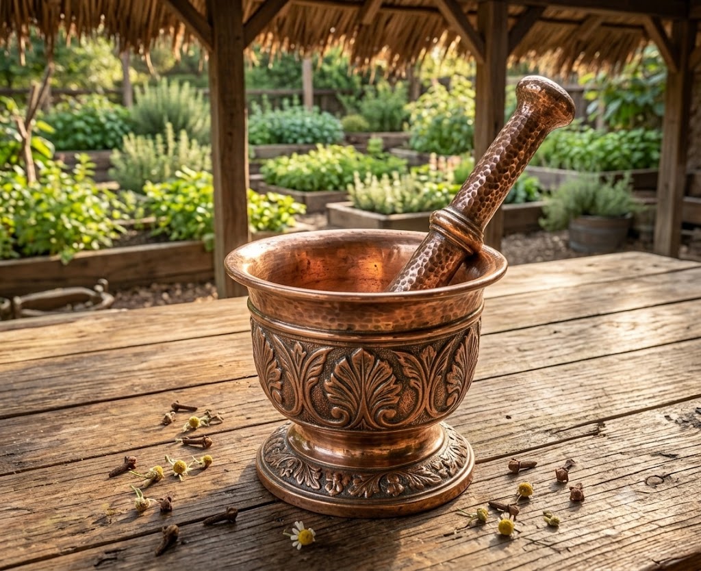 Brass mortar and pestle with fresh herbs on a wooden table